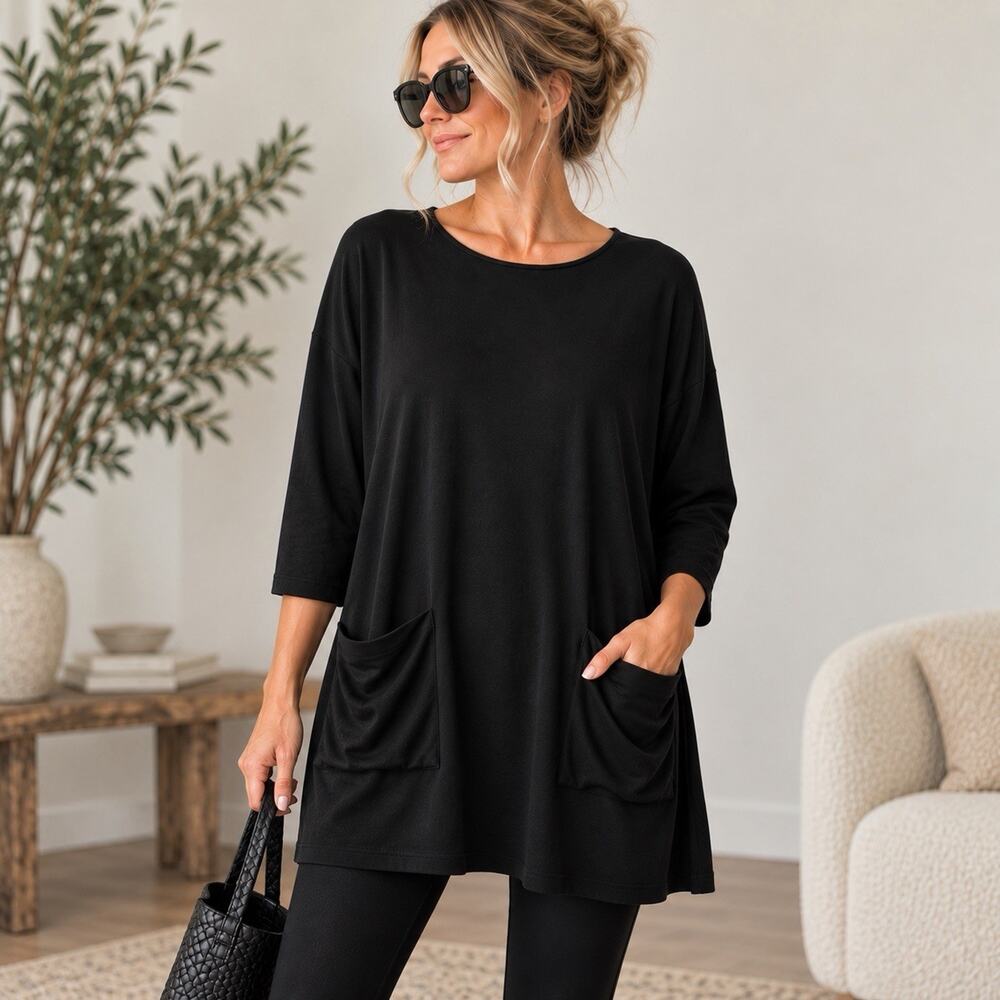 Eileen Fisher XXS Black Stretch Lagenlook Tunic Top Oversized Pockets Minimalist